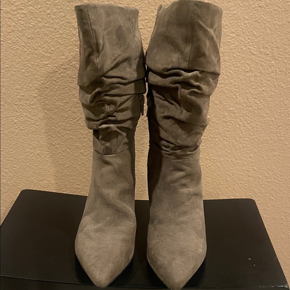 Chic Gray Suede Heeled Boots - Picture 1 of 5